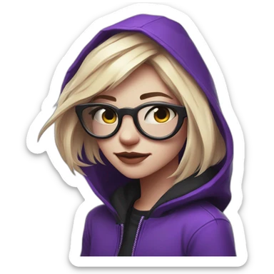 Girl blond artist with round glasses left side behind his laptop with this style: valorant riot Game purple character purple black hooded hacker themed character sticker