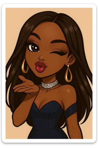 Make her wink while blowing a kiss, headshot only, keep her as a 20-year-old anime Bratz style woman with dark skin, dark hair, glamorous evening wear, big expressive eyes, glossy lips, and a happy expression. No tears. sticker