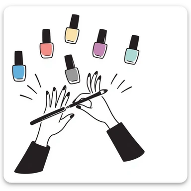 manicure scene with hands, painted nails, and nail polish bottles in pastel colors dd9fb0, ffc6d3, a3bfc9, c4bee2, f1b091, hand-drawn doodle style sticker