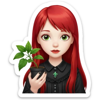 a gothic girl with long red hair and bangs holding a lucky pin and plant sticker