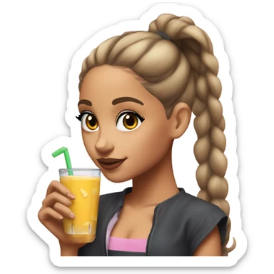 ariana grande with a high ponytail holding a glass of juice and a cookie  sticker