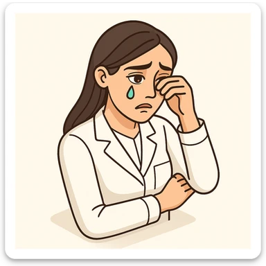 A 2D isometric style illustration of a female doctor with dark long straight hair and detailed brown eyes (not just dots), wearing a white coat, on a minimalist background. She is crying and wiping a tear, with expressive pose and emotion, matching the appearance of the second previous variant. sticker