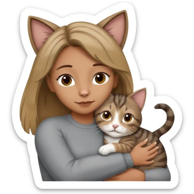 Une femme avec les cheveux dégradée, brun et blond, qui fait un câlin à son chat gris, tigré avec les extrémités que pattes pointe d’oreilles noires et le dessous du menton blanc sticker