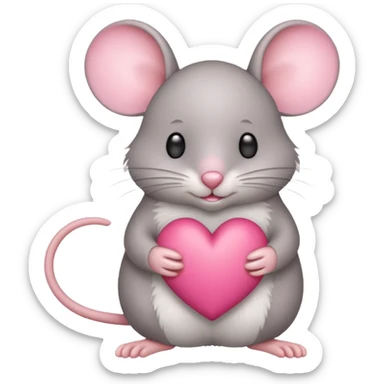 A light gray mouse holds a pink heart in its paws. sticker