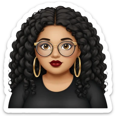 teen big plus size, latina, darker tan skin, gold hoops, long black curly hair, baddie,pretty, makeup, dark red lipgloss, black eyeliner, long hair, black shirt, BLACK glasses sticker