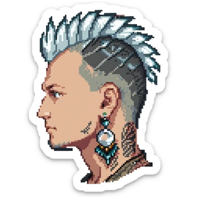 head of a white man with mohawk, earring, and head tattoo sticker