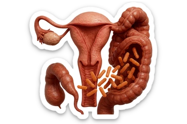 UTERO UMANO E INTESTINO ANATOMICI REALISTICO CON BATTERI CHE ESCONO DALL'INTERNO, IPERREALISTICO 4K sticker