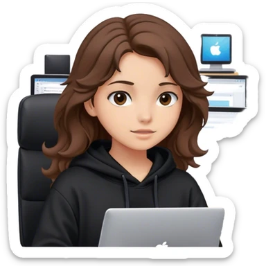 Girl with wavy brown hair wearing a black hoodie holding the computers, setting in her office  sticker