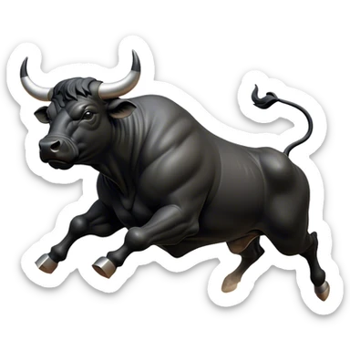 ​Cinematic Realistic Black Charging Bull, depicted in mid-charge with a powerful, muscular form and glossy black hide glistening under dynamic dramatic lighting, dust and motion captured mid-air to exude raw strength and unbridled energy on an expansive arena, sticker