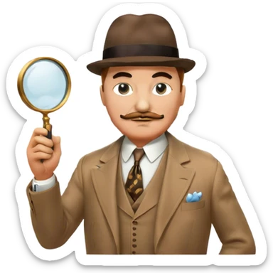A cinematic-style frame showing Hercule Poirot in his iconic suit with a magnifying glass in a dramatic detective pose. Background should be mysterious city background and subtle clues like fingerprints or a crime scene. Transparent background. sticker