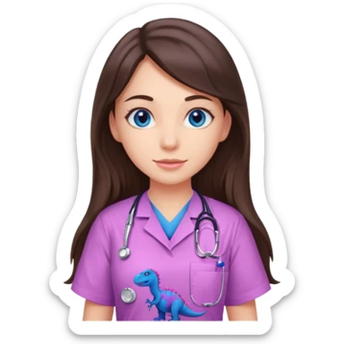pretty brunette nurse with long hair and blue eyes in pink and purple dinosaur pattern scrubs sticker