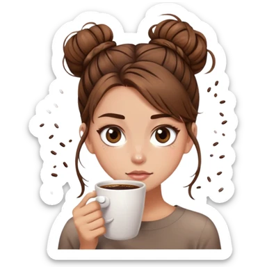 girl with long brown hair with messy bun, too much coffee, chaotic sparkle eyes sticker