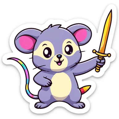 A colorful possum holding a glittery sword, rainbow sparkles, vibrant neon colors, cute big eyes, with stars and hearts background sticker