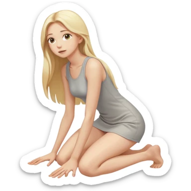 a young thin woman, kneeling on the floor, long hair, blonde, naked, looking up, blowjob ready, hand behind back sticker