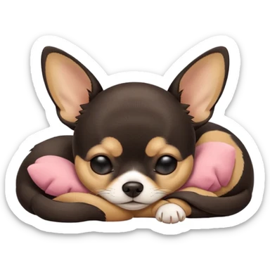 A high-resolution photo-realistic digital illustration of a cute  black with a bit of tan chihuahua with eyes closed shut sleeping lazily on the ground sticker