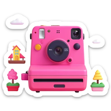 A pink instant camera with three photos floating around it. The photos depict various cute and colorful scenes. The camera has a detailed and vibrant design. sticker
