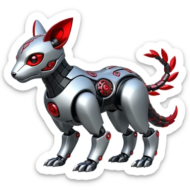 Futuristic mechanical cyborg modern badass cool shiny metallic alloy silver-grey obsidian-black crimson-red white animal hybrid Fakemon full body with intricate patterns sticker
