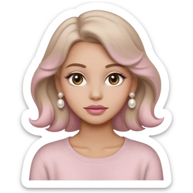 “Emoji girl, soft matte skin, neutral taupe eyeshadow, light rose lips, subtle contour, pearl earrings, loose waves, wearing cream cashmere sweater.” sticker