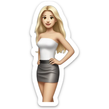 hyperrealist caucasian long hair blonde brown eyes strapless white top gray tight mini skirt black shoes full body sticker