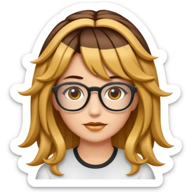 Uma garota de cabelos cacheados com mechas loiras, com pele morena clara e óculos sticker