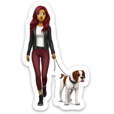 Beautiful tattooed  burgundy long haired woman walking a boxer dog sticker