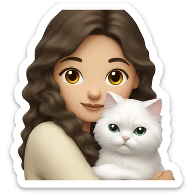 Brunette Spanish girl snuggling white Persian cat sticker