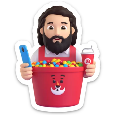 KFC bucket with a green M&M character sitting inside it, the M&M has a black beard, curly hair, and is holding an iPhone sticker