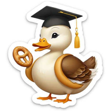 duck wearing bread shaped like a graduation cap and holding a pretzel sticker
