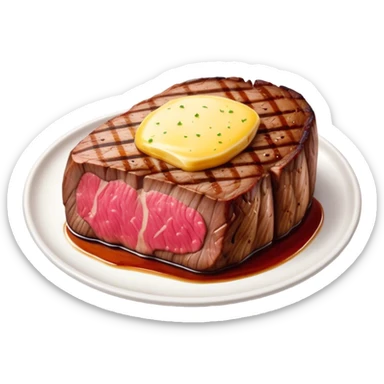 Cinematic thick-cut steak, perfectly seared with grill marks, a juicy pink center, butter melting on top, rich and savory, warm glow, sizzling and mouthwatering, highly detailed and appetizing. sticker