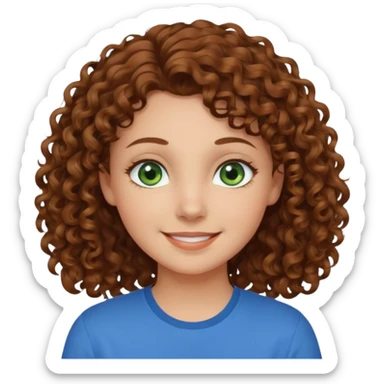 girl with brown hair, green eyes with a blue shirt no background ,young with curly hair smileing sticker