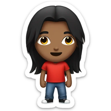 A young guy with long black hair, wearing a red shirt, and a black patch over his right eye sticker