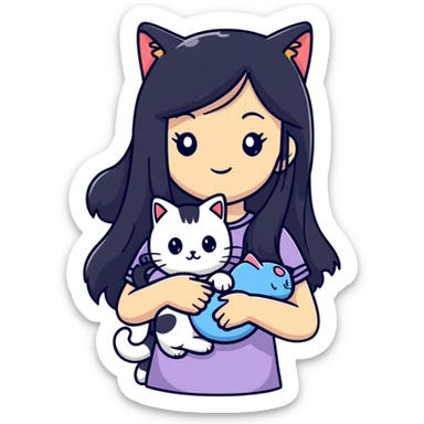 girl with long black hair holding a ginger cat sticker