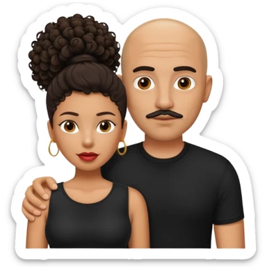 A picture of a tanned couple. the man is a Mexican man with tanned skin, a bald hair cut, short beard and wearing a black shirt. the woman is mixed, with curly medium length hair, with big boobs and lips  sticker
