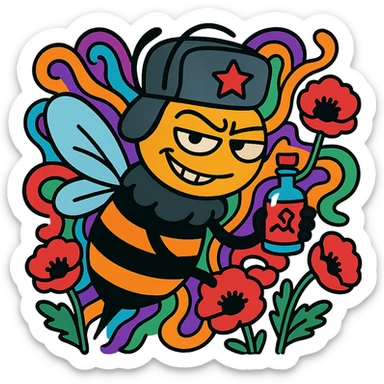 cartoon bee with a Russian vibe, wearing a ushanka hat, looking mischievous with a sly grin, holding a tiny bottle labeled with a mysterious symbol, surrounded by psychedelic swirls and poppy flowers sticker