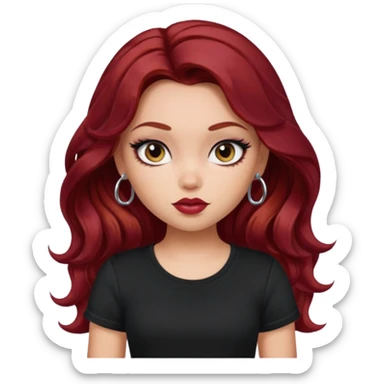 a pretty fair bratz girl with wavy dark red hair, wearing a black tee. eyeliner on sticker