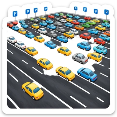 parking lot for 100 cars, parking sign with rows of cars, clean and vibrant sticker