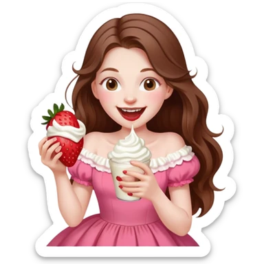 Girl with long brown hair eating strawberries and whipped cream, laughing pale pink elegant   sticker