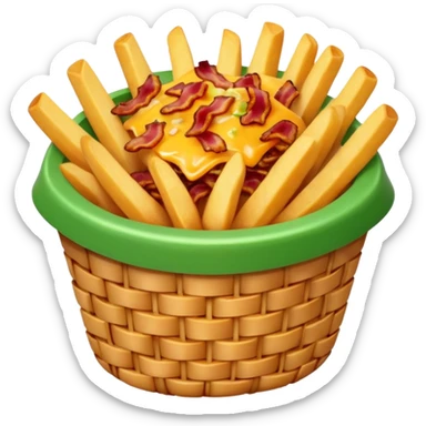 Basket of fries with melted cheese, bacon, and green onion sticker