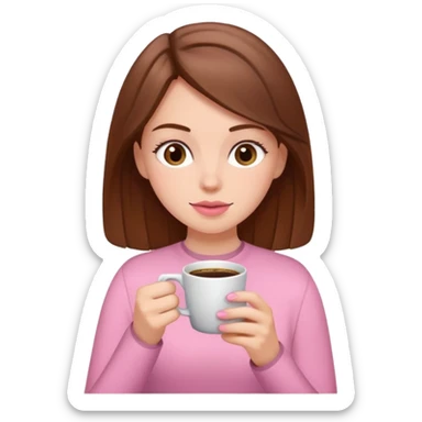 white girl with brown hair drinking coffee wearing pink sticker