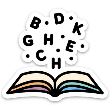 Literacy app icon with open book and alphabet letters floating above it sticker