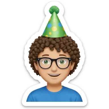 A white guy with curly brown hair and green eyes with a happy face, and wear square black glasses.He’s also got a full silver birthday party hat on his head with blue pom poms on top of it, and his T-shirt is all black, he wears a little gold circle earrings on his left  sticker