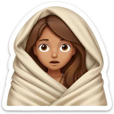 a tanned girl with brown long hair laying in bed hid under the blanket  in fear sticker