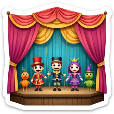 IIcon for Puppet Theater: a puppet stage with colorful marionettes, strings, and theatrical curtains. The icon should capture the whimsical and playful nature of puppet theater, with a focus on the characters and craftsmanship. Transparent background. sticker