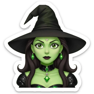 The Wicked Witch from Oz with long dark brown hair, black sequin outfit, green skin sticker