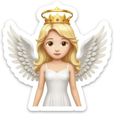 Emoji-style angel: blonde hair, golden flame crown, halo, large detailed wings, white dress, visible feminine body shape, cute smooth emoji look. sticker
