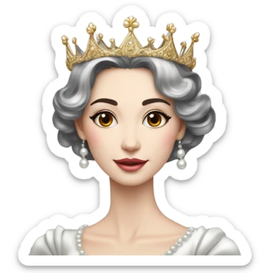 Regal pretty slender middle age woman photograph defined cheekbones high cheekbones crown vintage with very long iridescent black and silver hair wavy long hair pearl crown iridescent sticker