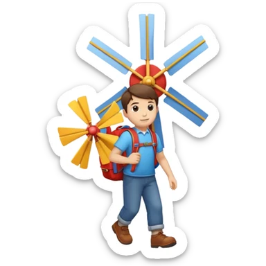 Boy carrying toy windmill backpack sticker