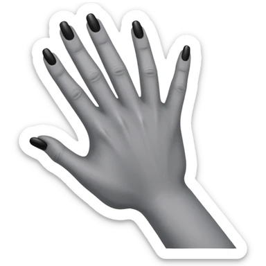 front angle view of a grey colored arm and 5-fingered hand reaching out, black finger nails behind sticker
