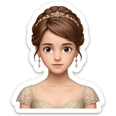 Cinematic Emma Watson Realistic Rococo Portrait, depicted with lifelike skin texture, subtle rosy undertones, and soft natural lighting that enhances the gentle contours of her face. Her intricately detailed brown hair is elegantly styled in an updo, sticker
