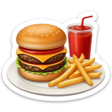 i want a Cheeseburger and Fries with a angle to 15–20° gentle bird’s-eye angle with 2 sauce round plate one is white and other is red with some fries thicker like mcdonald's sticker